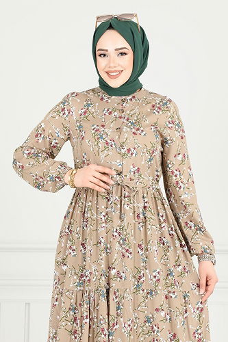 moda selvim Çiçek Desen Tesettür Elbise 7122BG354 Koyu Vizyon - Thumbnail
