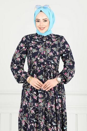 moda selvim Çiçek Desen Tesettür Elbise 7122BG354 Laci - Thumbnail