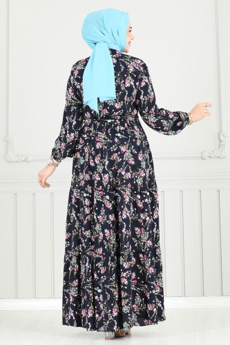moda selvim Çiçek Desen Tesettür Elbise 7122BG354 Laci - Thumbnail