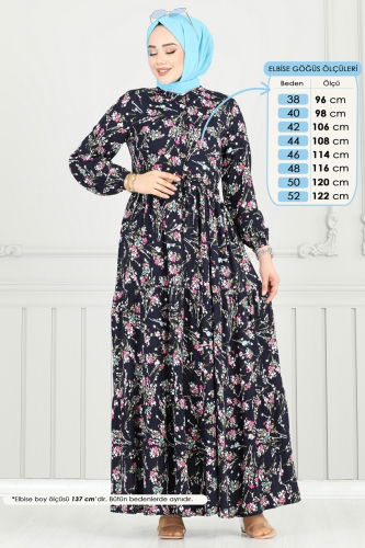 moda selvim Çiçek Desen Tesettür Elbise 7122BG354 Laci - Thumbnail