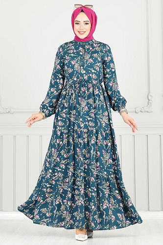 moda selvim Çiçek Desen Tesettür Elbise 7122BG354 Petrol - Thumbnail