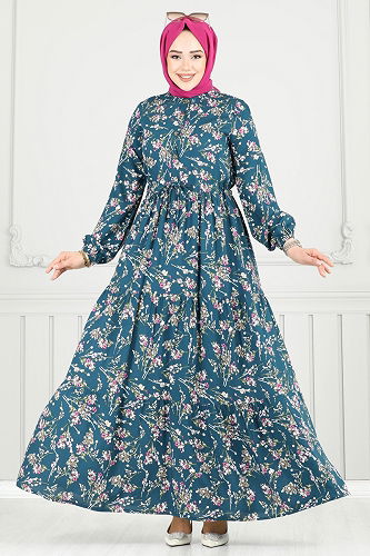 moda selvim Çiçek Desen Tesettür Elbise 7122BG354 Petrol - Thumbnail