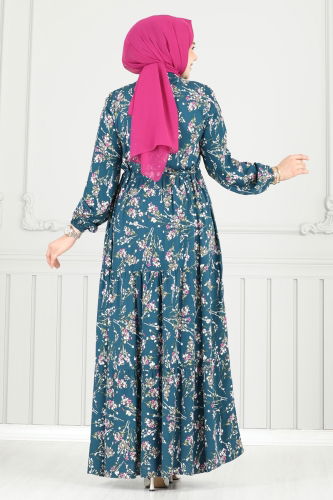 moda selvim Çiçek Desen Tesettür Elbise 7122BG354 Petrol - Thumbnail