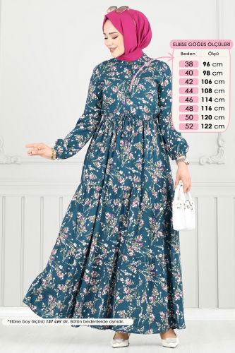 moda selvim Çiçek Desen Tesettür Elbise 7122BG354 Petrol - Thumbnail