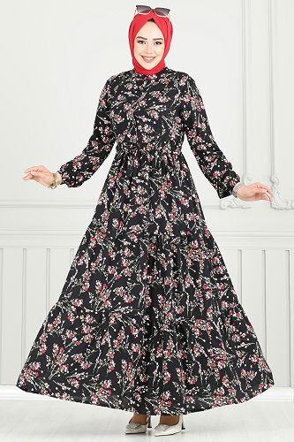 moda selvim Çiçek Desen Tesettür Elbise 7122BG354 Siyah - Thumbnail