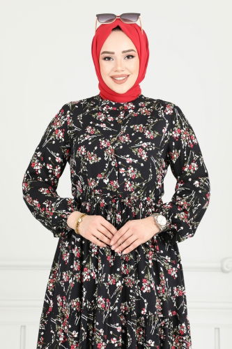 moda selvim Çiçek Desen Tesettür Elbise 7122BG354 Siyah - Thumbnail