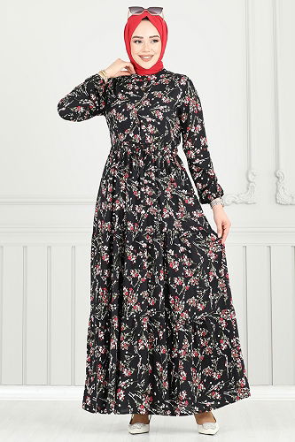 moda selvim Çiçek Desen Tesettür Elbise 7122BG354 Siyah - Thumbnail