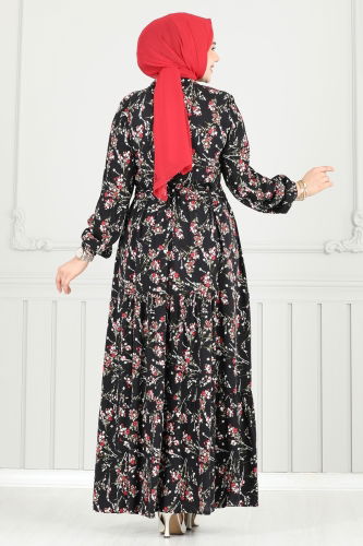 moda selvim Çiçek Desen Tesettür Elbise 7122BG354 Siyah - Thumbnail