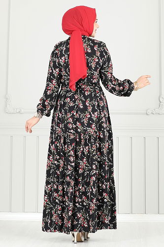 moda selvim Çiçek Desen Tesettür Elbise 7122BG354 Siyah - Thumbnail