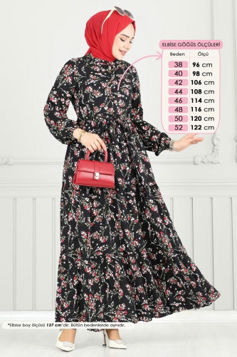 moda selvim Çiçek Desen Tesettür Elbise 7122BG354 Siyah - Thumbnail