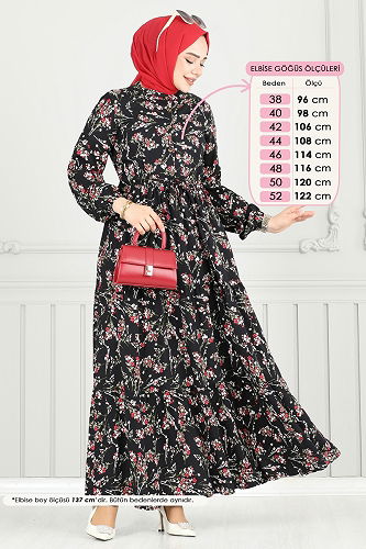 moda selvim Çiçek Desen Tesettür Elbise 7122BG354 Siyah - Thumbnail