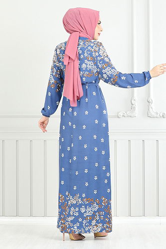 moda selvim Çiçek Desen Viskon Elbise 819OZR1047-M İndigo - Thumbnail
