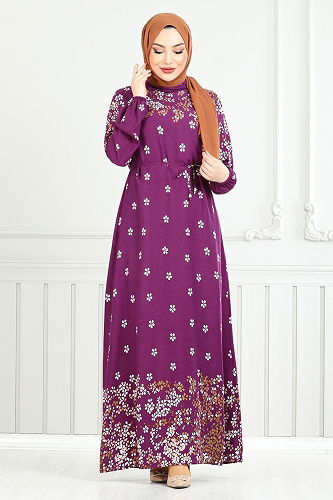 moda selvim Çiçek Desen Viskon Elbise 819OZR1047-M Mürdüm - Thumbnail