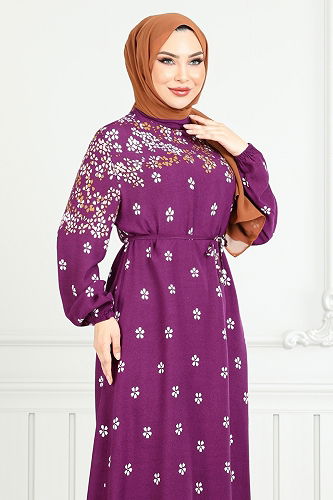 moda selvim Çiçek Desen Viskon Elbise 819OZR1047-M Mürdüm - Thumbnail