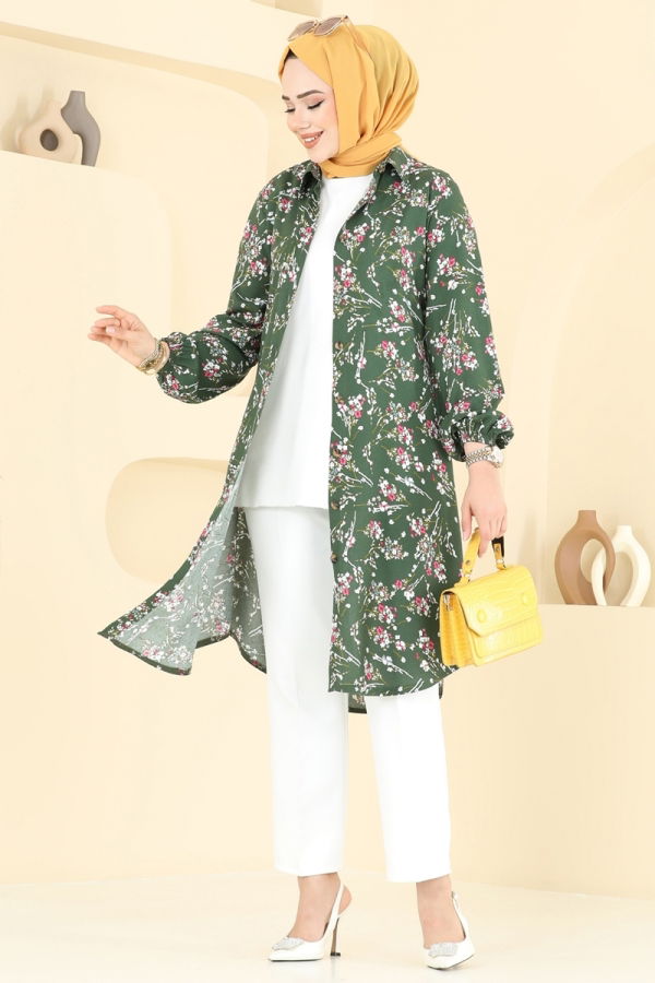 Modaselvim Tunik Çiçek Desen Viskon Tunik 0174BG354 Haki