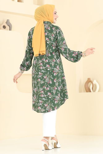 moda selvim Çiçek Desen Viskon Tunik 0174BG354 Haki - Thumbnail