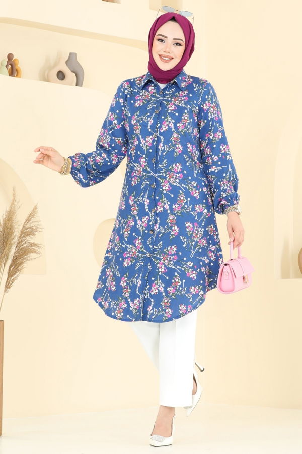 Modaselvim Tunik Çiçek Desen Viskon Tunik 0174BG354 İndigo
