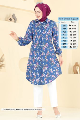 moda selvim Çiçek Desen Viskon Tunik 0174BG354 İndigo - Thumbnail
