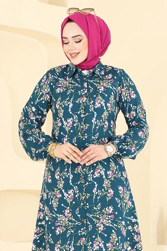 moda selvim Çiçek Desen Viskon Tunik 0174BG354 Petrol - Thumbnail