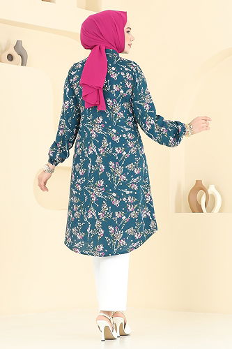 moda selvim Çiçek Desen Viskon Tunik 0174BG354 Petrol - Thumbnail