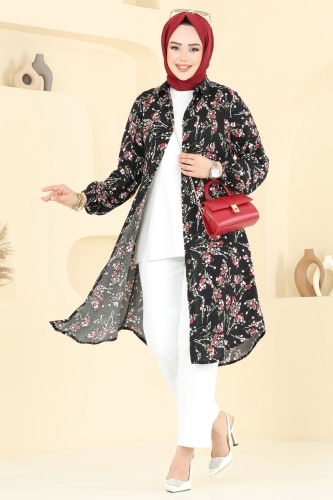 moda selvim Çiçek Desen Viskon Tunik 0174BG354 Siyah - Thumbnail