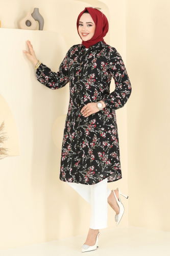 B.G.S. - Çiçek Desen Viskon Tunik 0174BG354 Siyah