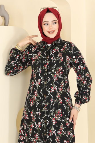 moda selvim Çiçek Desen Viskon Tunik 0174BG354 Siyah - Thumbnail