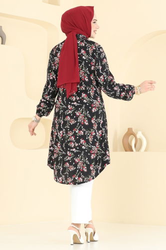 moda selvim Çiçek Desen Viskon Tunik 0174BG354 Siyah - Thumbnail