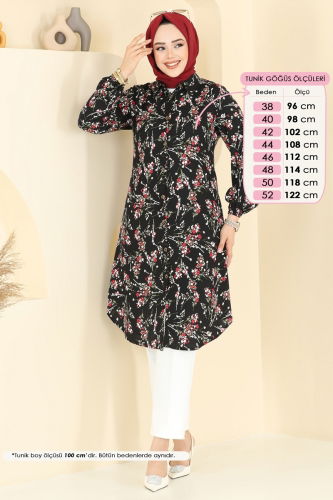 moda selvim Çiçek Desen Viskon Tunik 0174BG354 Siyah - Thumbnail