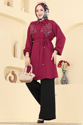 moda selvim Çiçek Desenli 2 li Takım 2829SLK540 Bordo&Siyah - Thumbnail