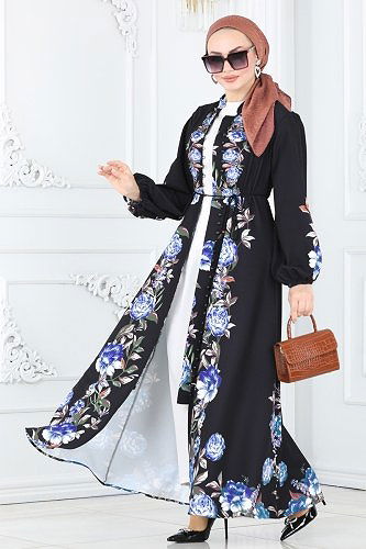 moda selvim Çiçek Desenli Atlas Elbise 22131JNF844 Siyah&Saks - Thumbnail
