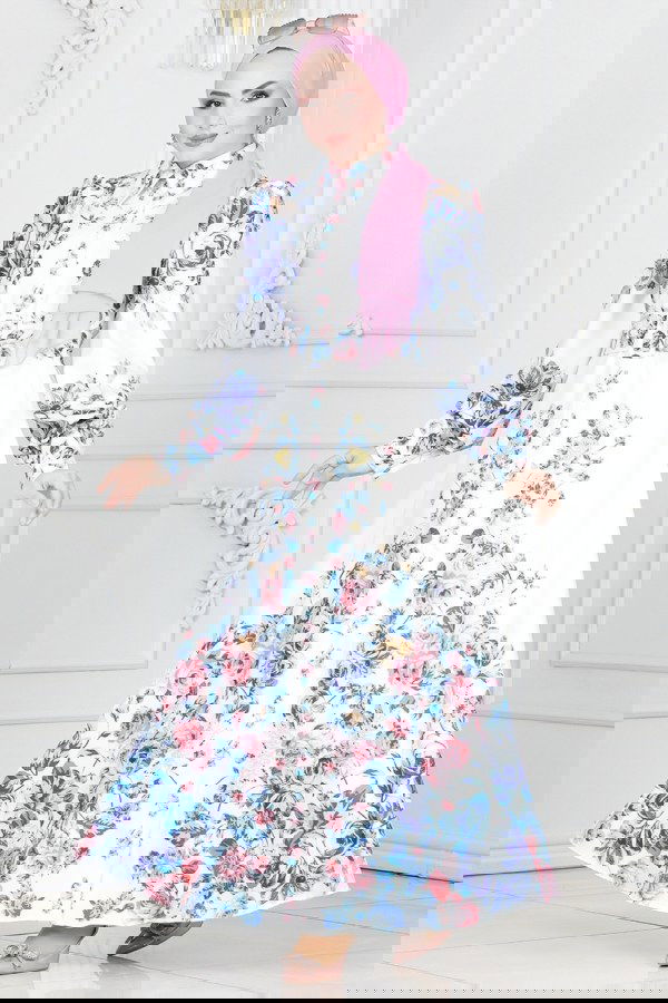 Modaselvim SEPETTE NET %20+%20 İNDİRİM Çiçek Desenli Atlas Elbise 22144JNF844 Ekru