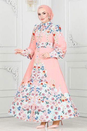 moda selvim Çiçek Desenli Atlas Elbise 22144JNF844 Pudra - Thumbnail
