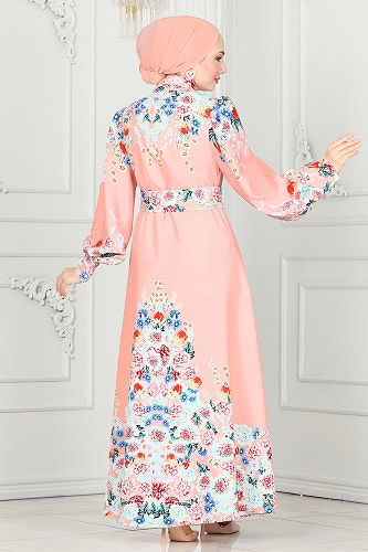 moda selvim Çiçek Desenli Atlas Elbise 22144JNF844 Pudra - Thumbnail