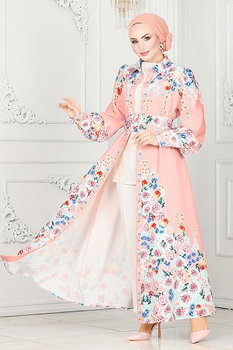 moda selvim Çiçek Desenli Atlas Elbise 22144JNF844 Pudra - Thumbnail