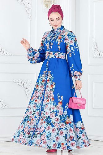 moda selvim Çiçek Desenli Atlas Elbise 22144JNF844 Saks - Thumbnail