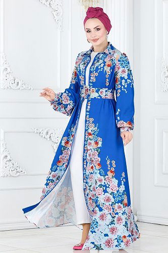 moda selvim Çiçek Desenli Atlas Elbise 22144JNF844 Saks - Thumbnail