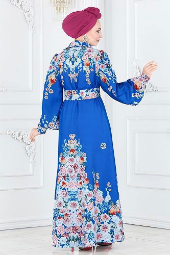 moda selvim Çiçek Desenli Atlas Elbise 22144JNF844 Saks - Thumbnail