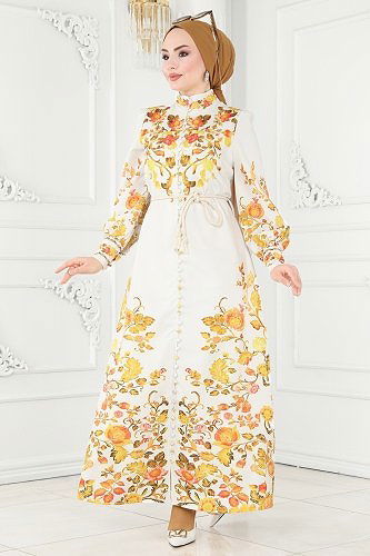 moda selvim Çiçek Desenli Atlas Elbise 2377JNF844 Ekru - Thumbnail