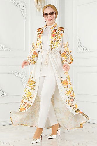 moda selvim Çiçek Desenli Atlas Elbise 2377JNF844 Ekru - Thumbnail