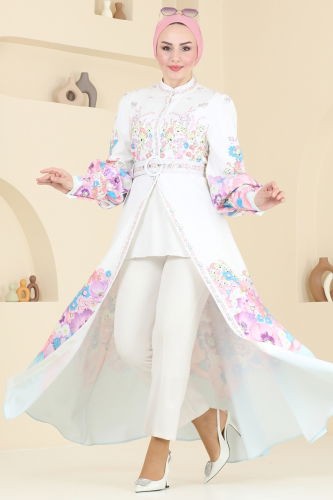 moda selvim SUAL Çiçek Desenli Atlas Elbise 4263JNF844 Ekru - Thumbnail