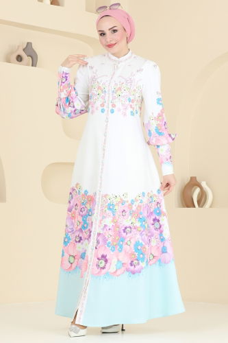 moda selvim SUAL Çiçek Desenli Atlas Elbise 4263JNF844 Ekru - Thumbnail