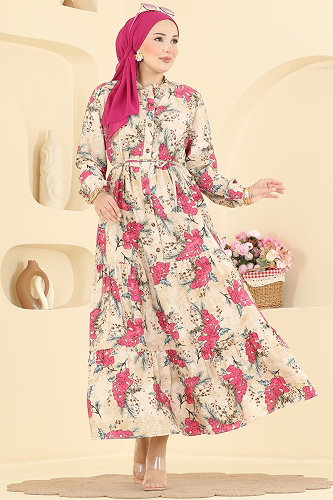 moda selvim Çiçek Desenli Bağcıklı Elbise 6156ORG1169 Fuşya - Thumbnail