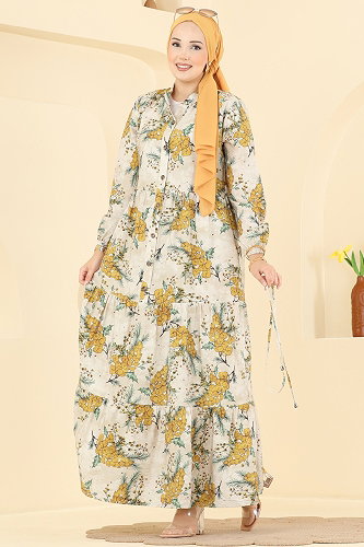 moda selvim Çiçek Desenli Bağcıklı Elbise 6156ORG1169 Hardal - Thumbnail
