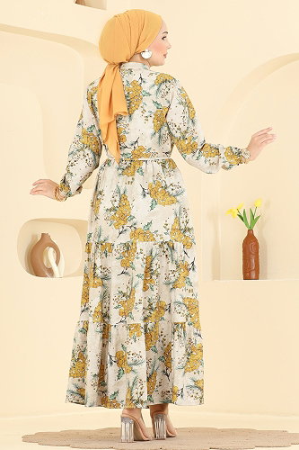 moda selvim Çiçek Desenli Bağcıklı Elbise 6156ORG1169 Hardal - Thumbnail
