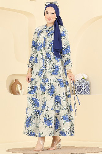moda selvim Çiçek Desenli Bağcıklı Elbise 6156ORG1169 İndigo - Thumbnail