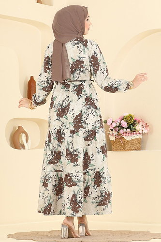 moda selvim Çiçek Desenli Bağcıklı Elbise 6156ORG1169 Kahve - Thumbnail