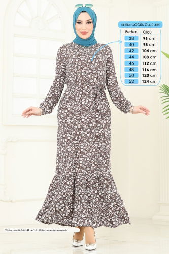moda selvim Çiçek Desenli Bürümcük Elbise 170BO429 Kahve - Thumbnail