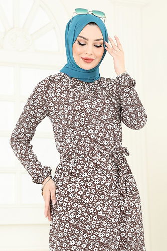 moda selvim Çiçek Desenli Bürümcük Elbise 170BO429 Kahve - Thumbnail