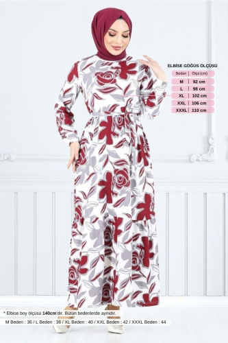 MRV U.Z. - Çiçek Desenli Bürümcük Elbise 5010UZ1029-M Bordo